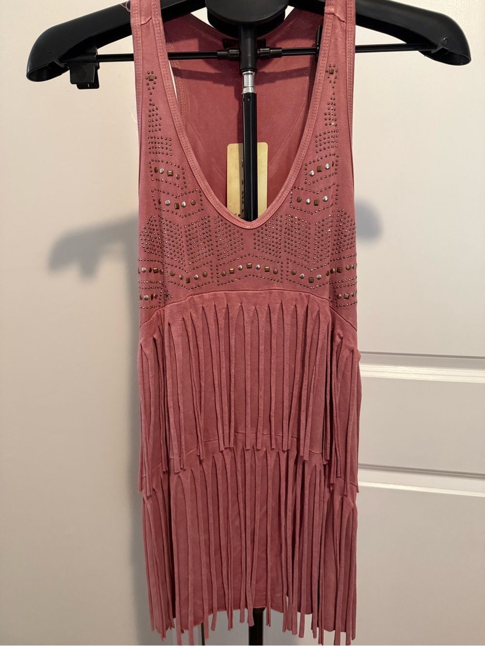 T Party Fashion Rose Pink Studded Fringe Tank